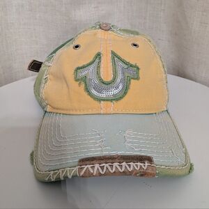 True Religion Y2K Distressed Leather Colorblock Sequined Baseball Hat